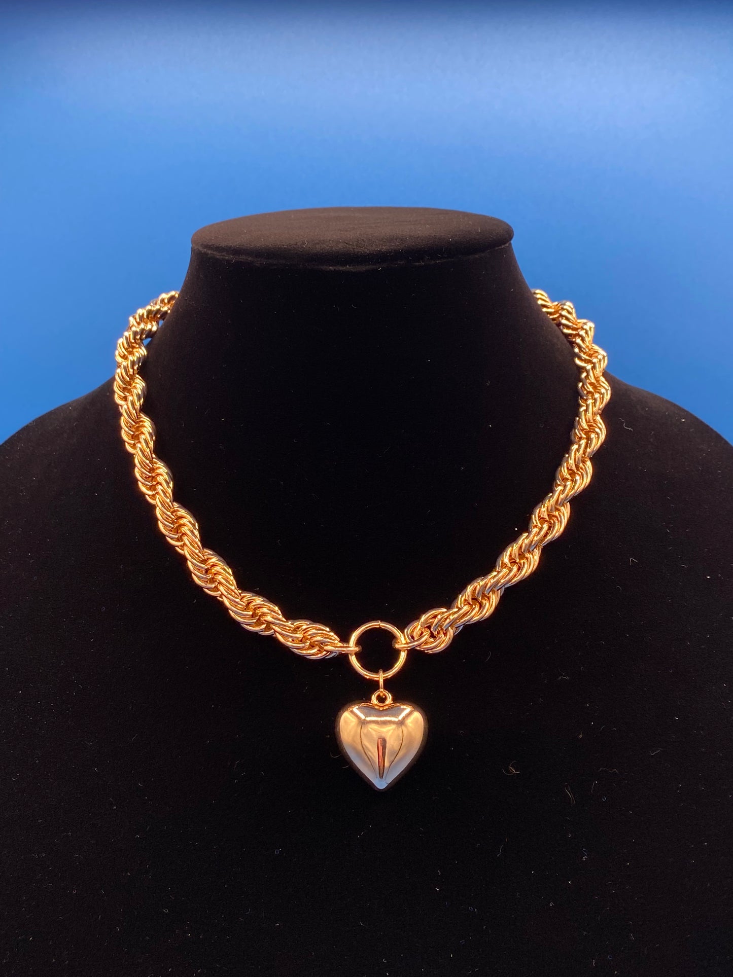 Gold Rope Chain Necklace with Heart Pendant