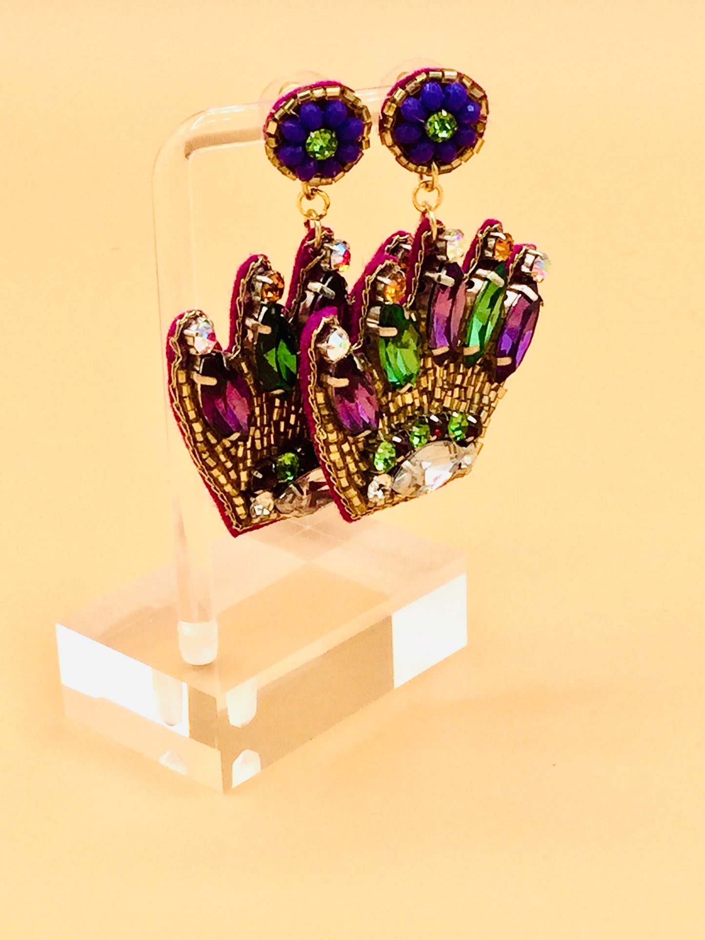 Mardi Gras Beaded Crown with Stones Earrings