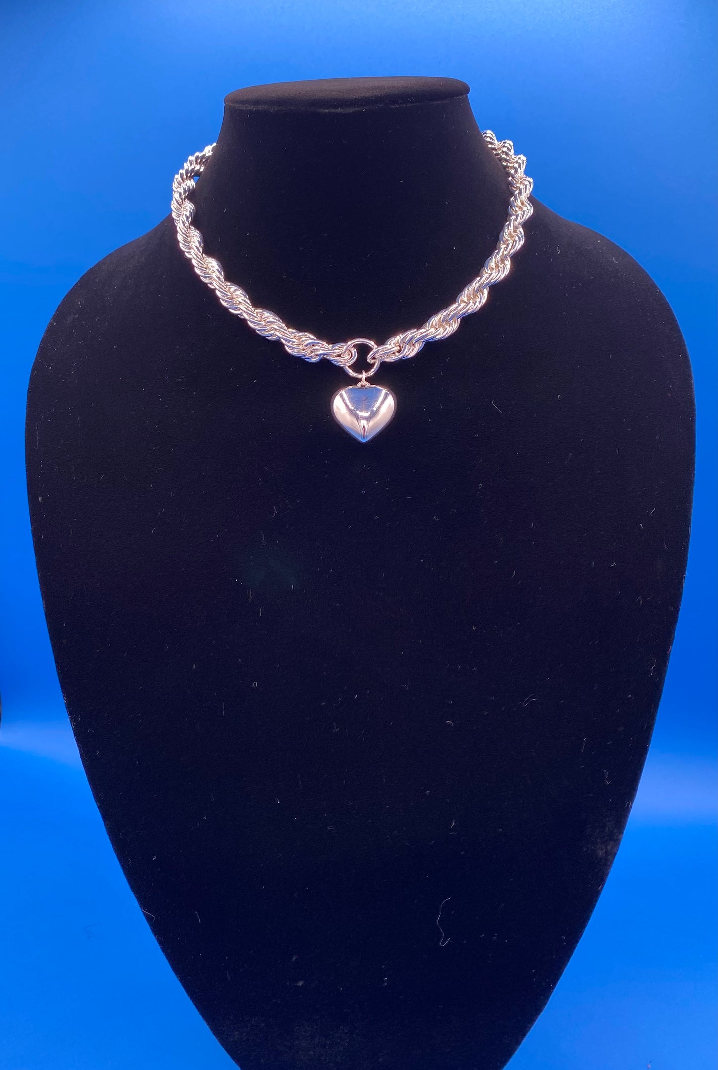Silver Rope Chain Necklace with Heart Pendant