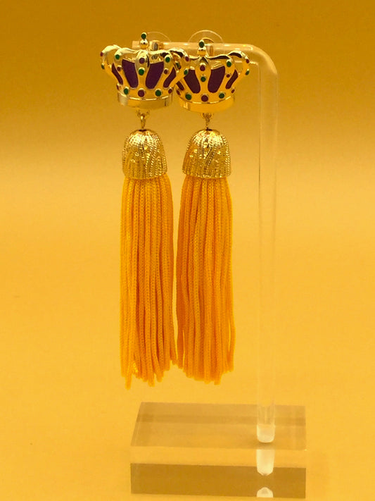 Mardi Gras Crown Earrings Yellow Tassel Earrings