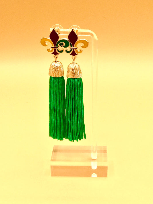 Mardi Gras Fleur De Lis Green Tassel Earrings