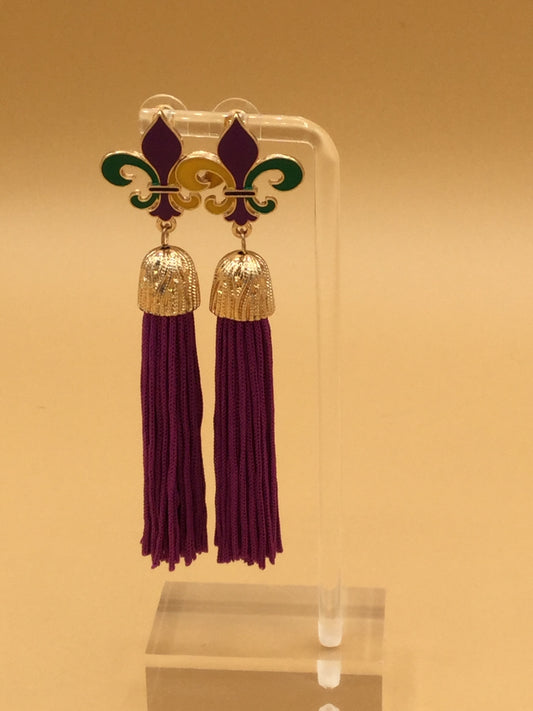 Mardi Gras Fleur De Lis Purple Tassel Earrings