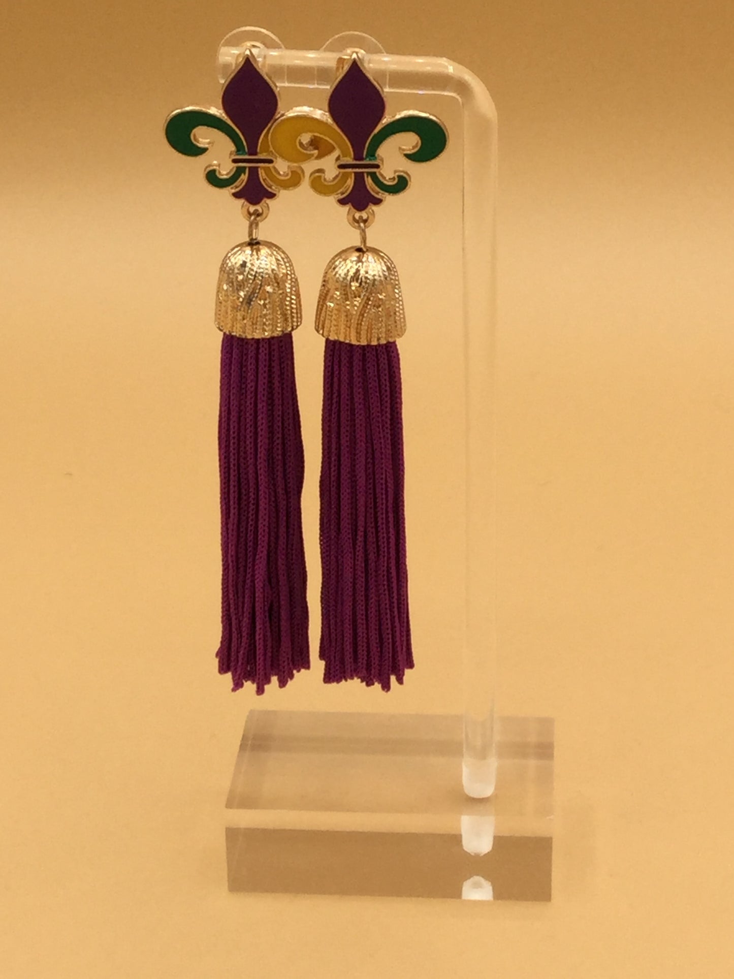 Mardi Gras Fleur De Lis Purple Tassel Earrings