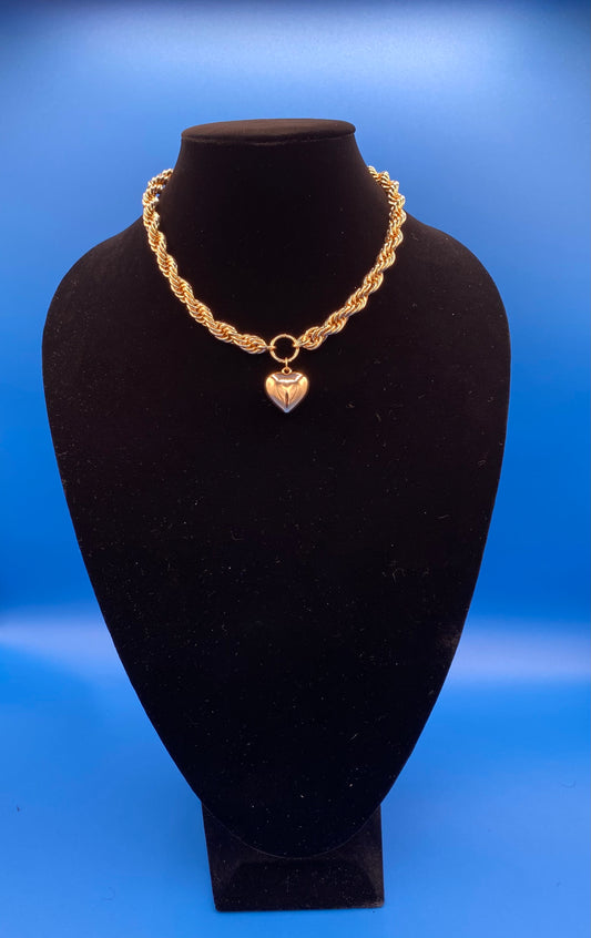 Gold Rope Chain Necklace with Heart Pendant