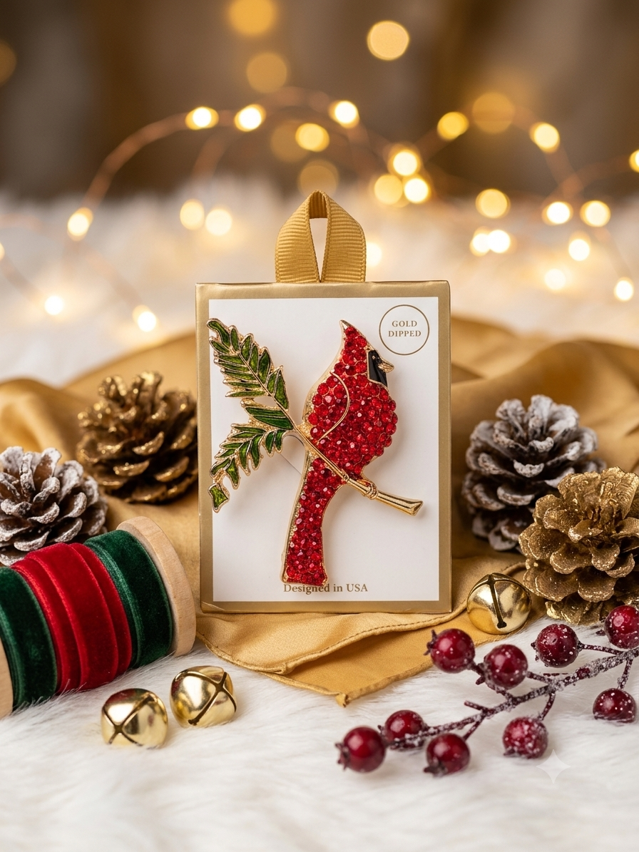 Crimson Royalty" Gold-Dipped Rhinestone Cardinal Brooch Pin