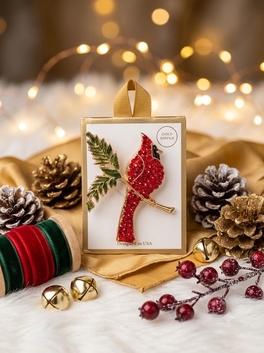 Crimson Royalty" Gold-Dipped Rhinestone Cardinal Brooch Pin