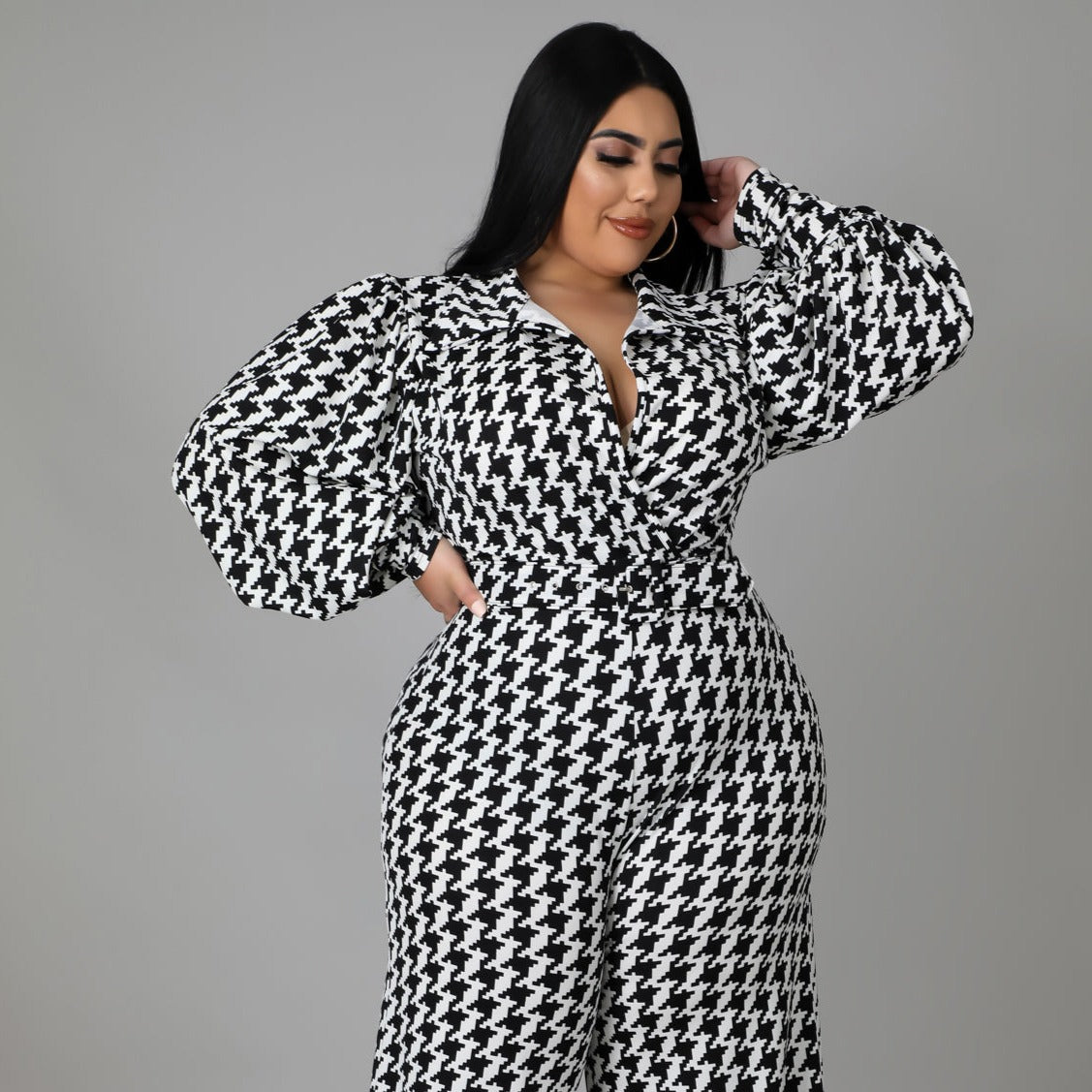 She's Fancy Checkerboard Long Sleeve Jumpsuit