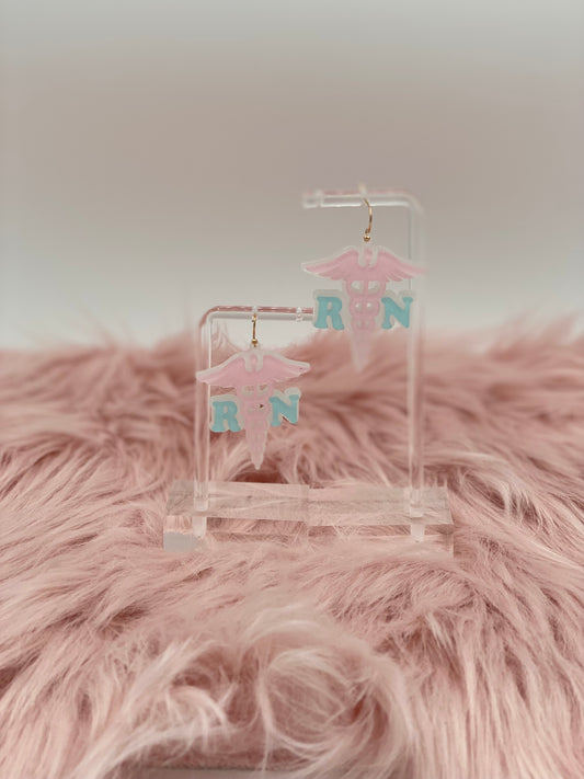 Glitter "RN" & Staff of Hermes Acrylic Earrings