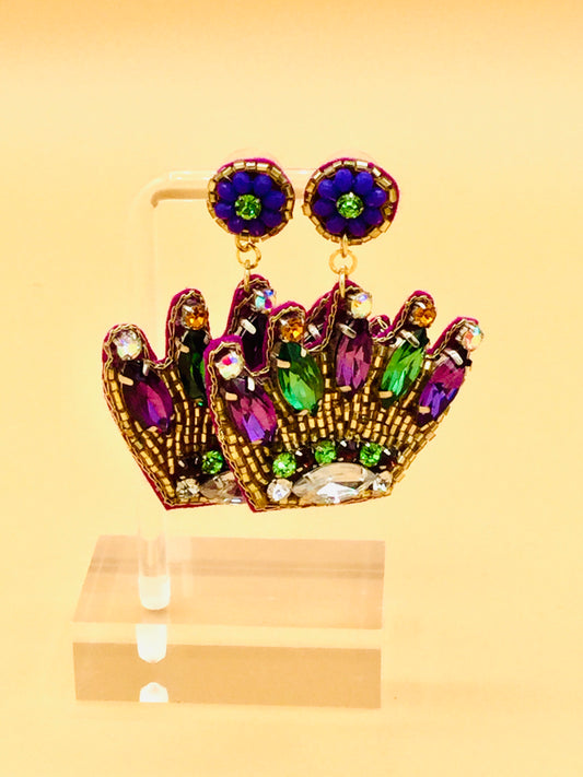 Mardi Gras Beaded Crown with Stones Earrings