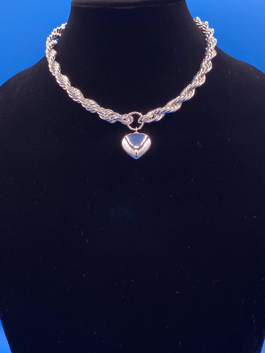 Silver Rope Chain Necklace with Heart Pendant